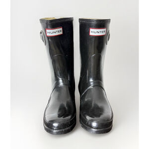 Hunter Original Gloss Short Rain Boots Size 5M Black Logo Waterproof Preppy Chic